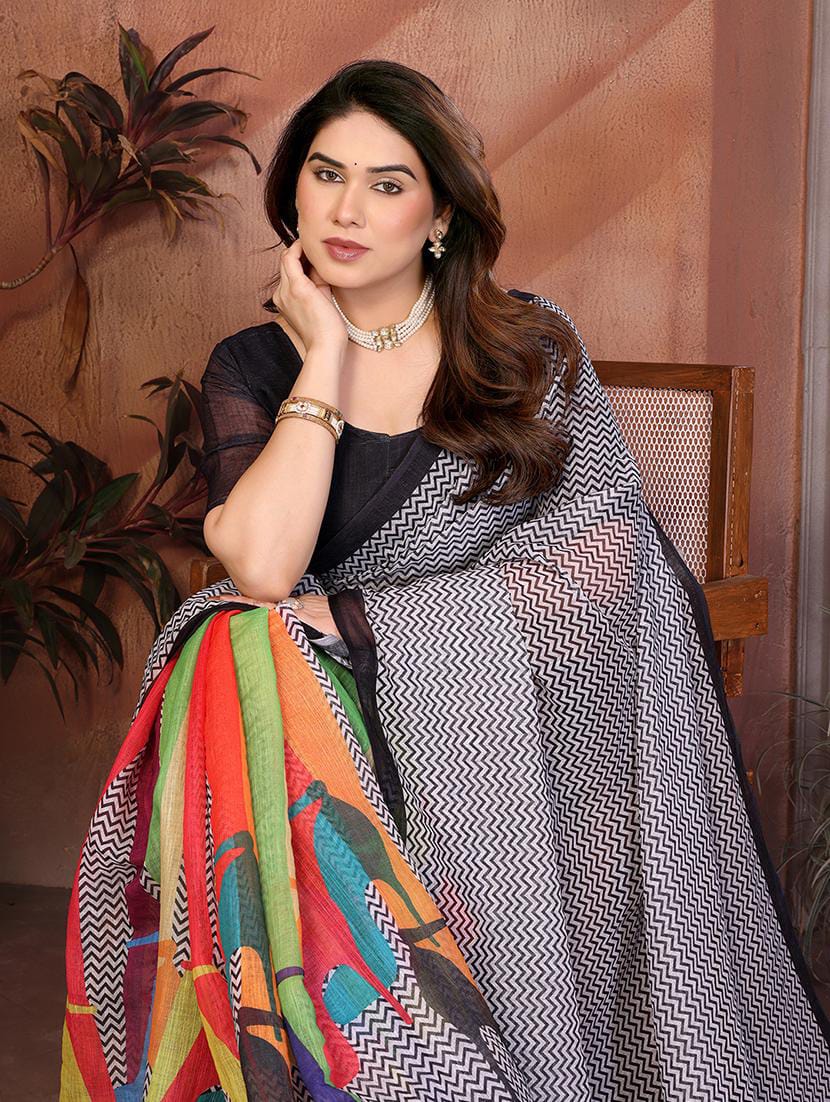 Women’s Contemporary Chevron & Multi-Color Geometric Printed Georgette Saree