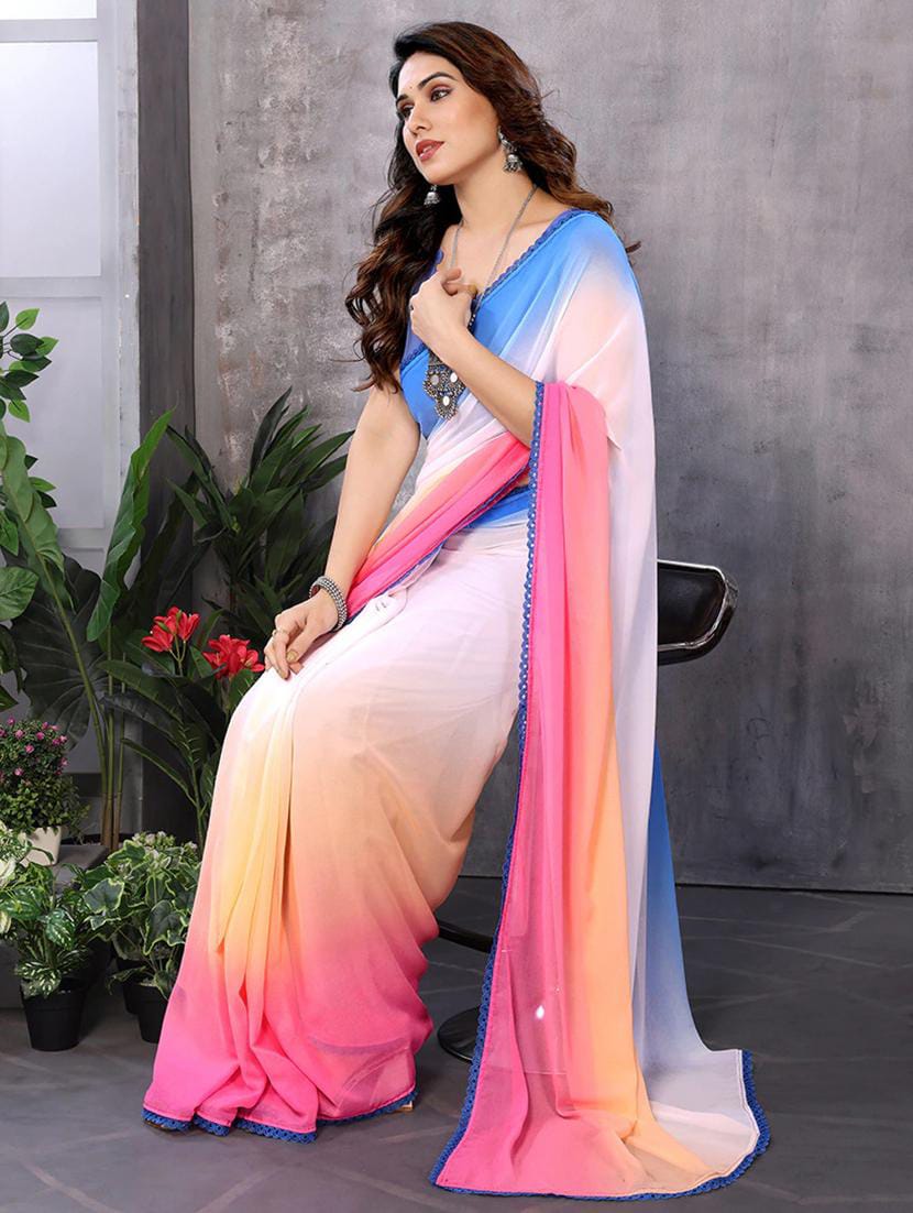 Women’s Multi-Color Ombre Pastel Chiffon Georgette Saree with Embroidered Lace Border