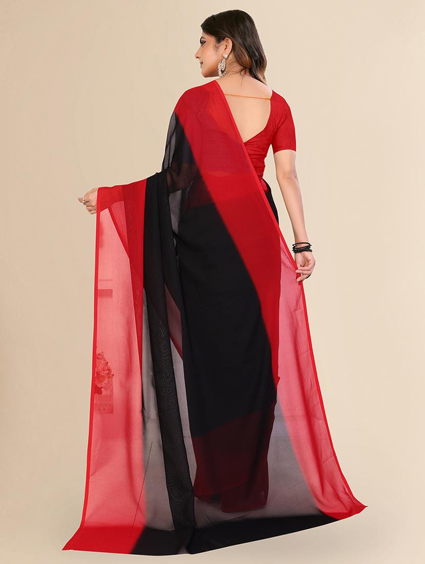 Women’s Red and Black Dual-Tone Georgette Saree with Matching Blouse Piece