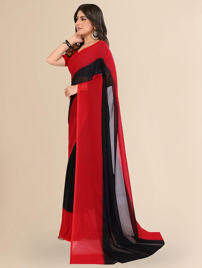 Women’s Red and Black Dual-Tone Georgette Saree with Matching Blouse Piece