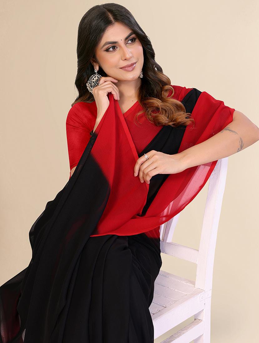 Women’s Red and Black Dual-Tone Georgette Saree with Matching Blouse Piece