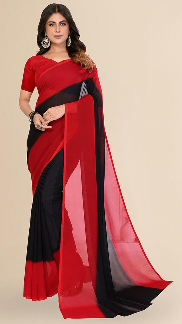Women’s Red and Black Dual-Tone Georgette Saree with Matching Blouse Piece