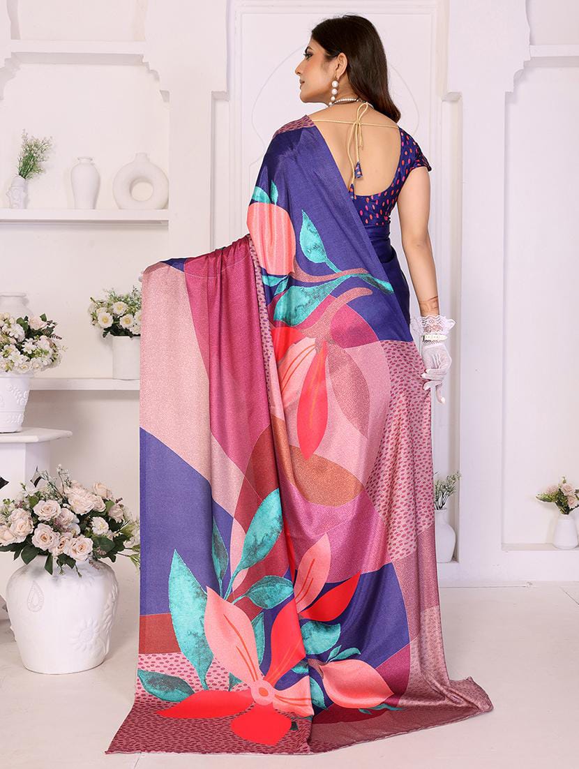 Women’s Royal Blue & Magenta Abstract Floral Printed Satin Silk Saree