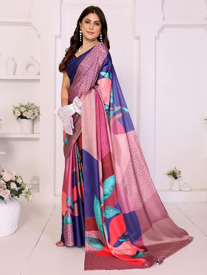 Women’s Royal Blue & Magenta Abstract Floral Printed Satin Silk Saree