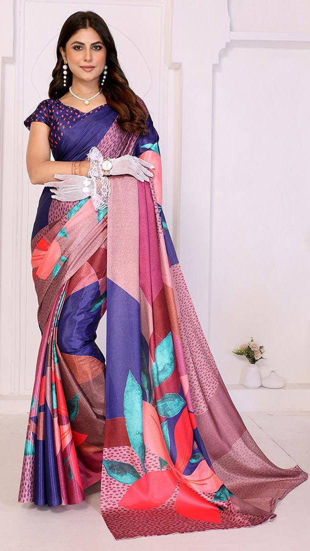 Women’s Royal Blue & Magenta Abstract Floral Printed Satin Silk Saree