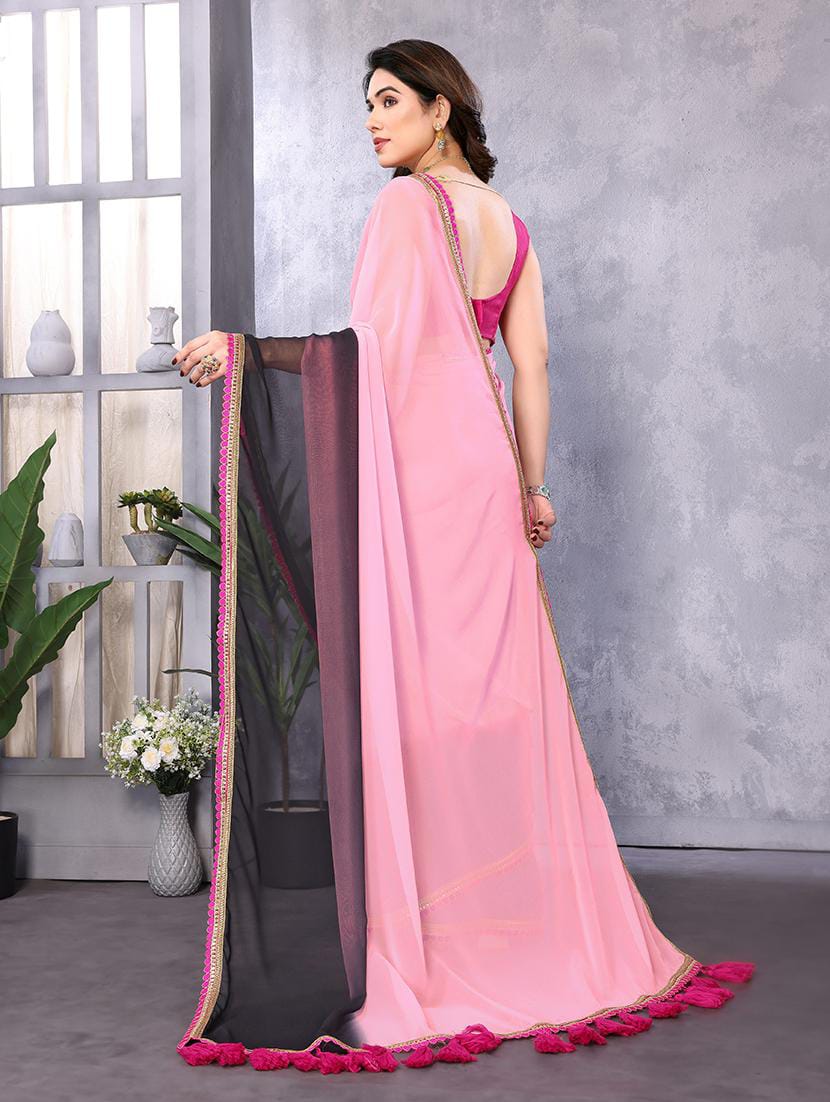 Women’s Baby Pink & Black Dual-Tone Georgette Saree with Embroidered Border & Tassels