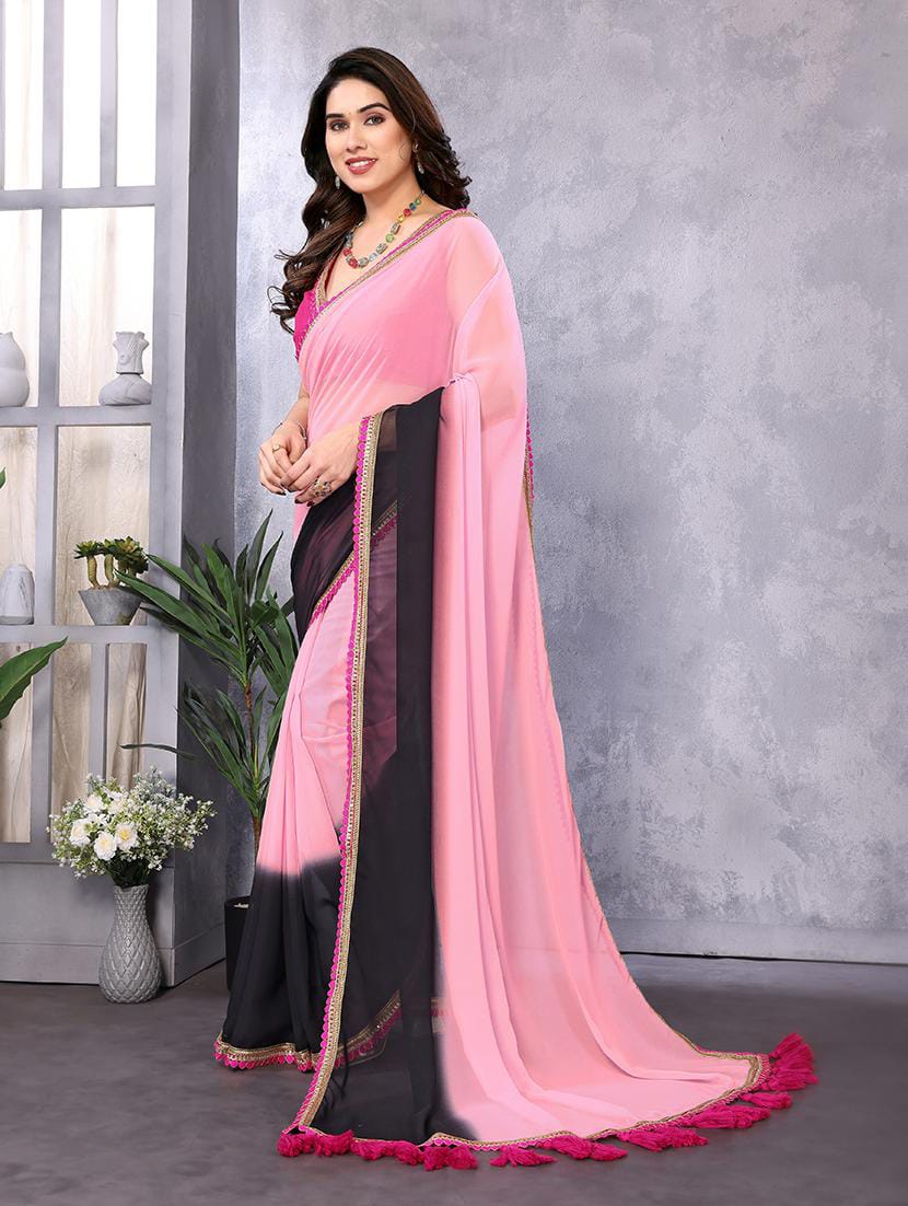 Women’s Baby Pink & Black Dual-Tone Georgette Saree with Embroidered Border & Tassels