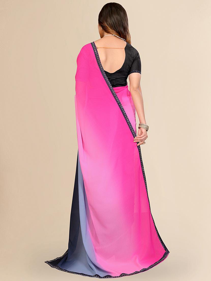Women’s Magenta Pink, Lavender & Navy Blue Ombre Georgette Saree with Embroidered Lace Border