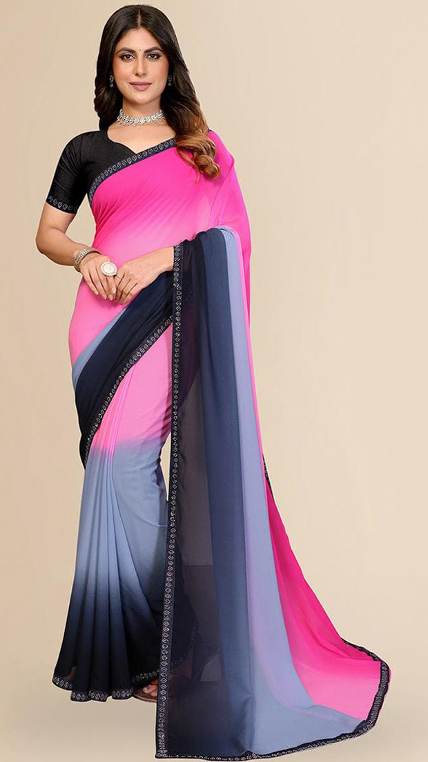 Women’s Magenta Pink, Lavender & Navy Blue Ombre Georgette Saree with Embroidered Lace Border