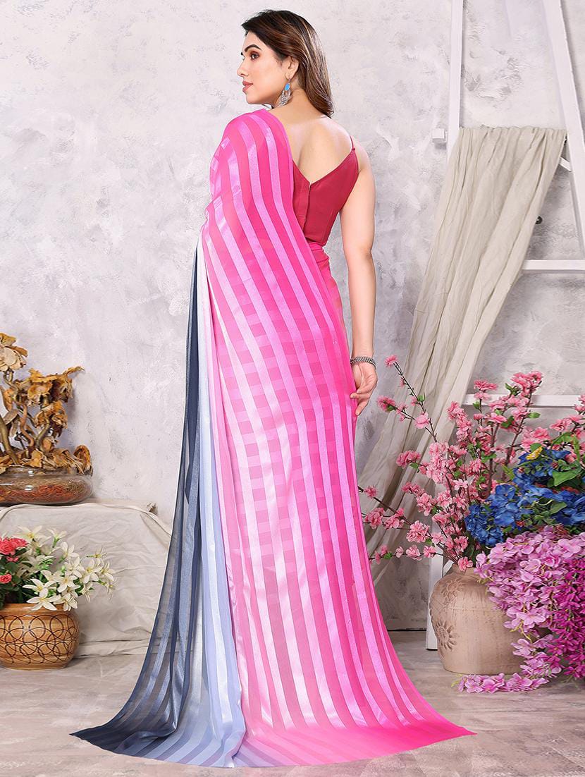Women’s Bright Pink, Lavender & Charcoal Grey Metallic Striped Ombre Georgette Saree