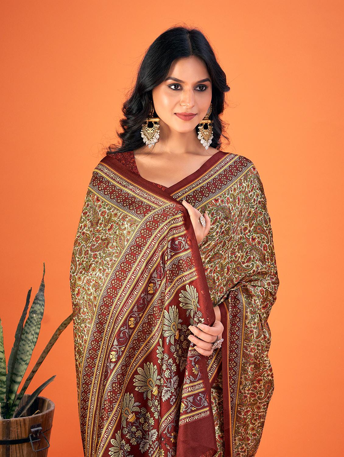 Women’s Beige & Maroon Kalamkari Floral Printed Silk Blend Saree