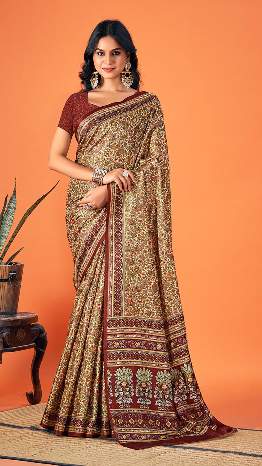 Women’s Beige & Maroon Kalamkari Floral Printed Silk Blend Saree