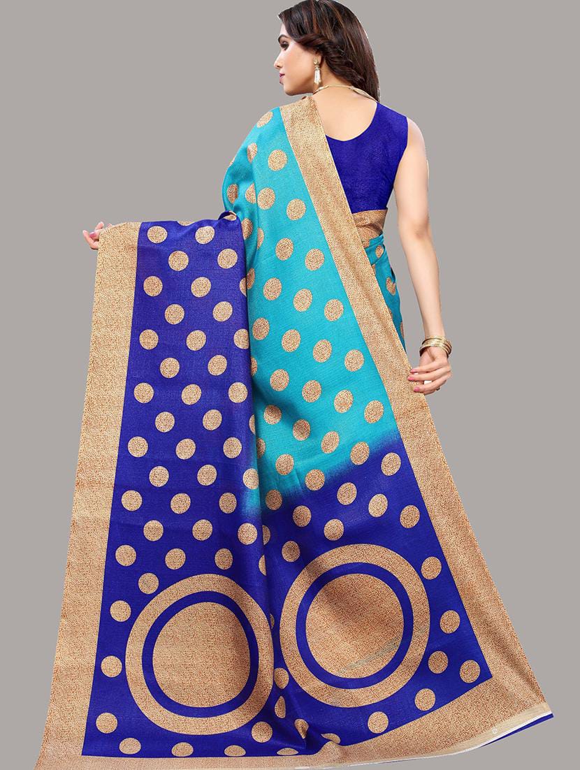 Women’s Turquoise & Royal Blue Dual-Tone Art Silk Polka Dot Saree with Zari Border