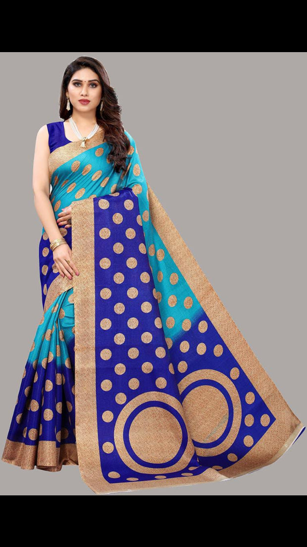 Women’s Turquoise & Royal Blue Dual-Tone Art Silk Polka Dot Saree with Zari Border