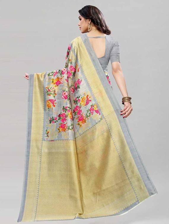 Women’s Silver-Grey Floral Printed Art Silk Saree with Rich Gold Zari Pallu
