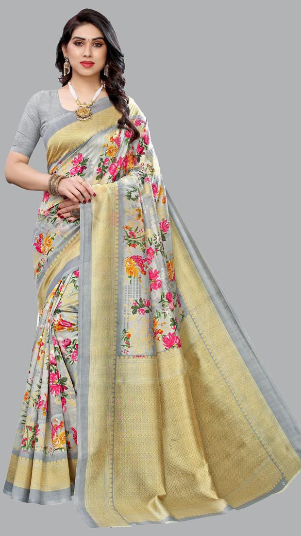 Women’s Silver-Grey Floral Printed Art Silk Saree with Rich Gold Zari Pallu