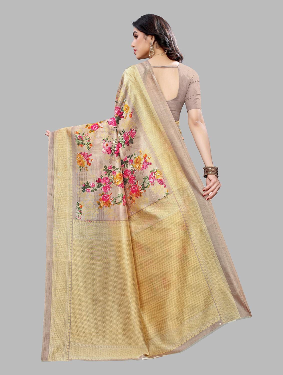 Women’s Beige & Gold Floral Printed Art Silk Saree with Rich Zari Pallu