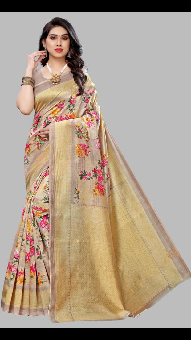 Women’s Beige & Gold Floral Printed Art Silk Saree with Rich Zari Pallu