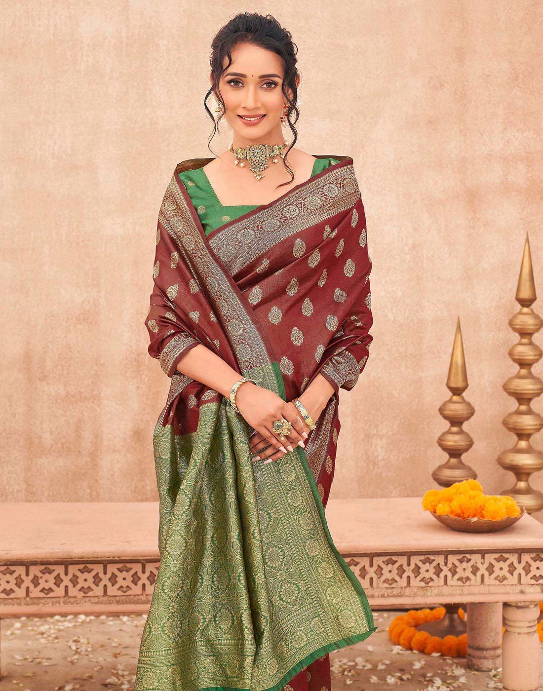 Women’s Maroon & Contrast Emerald Green Banarasi Soft Silk Saree with Gold Zari Work