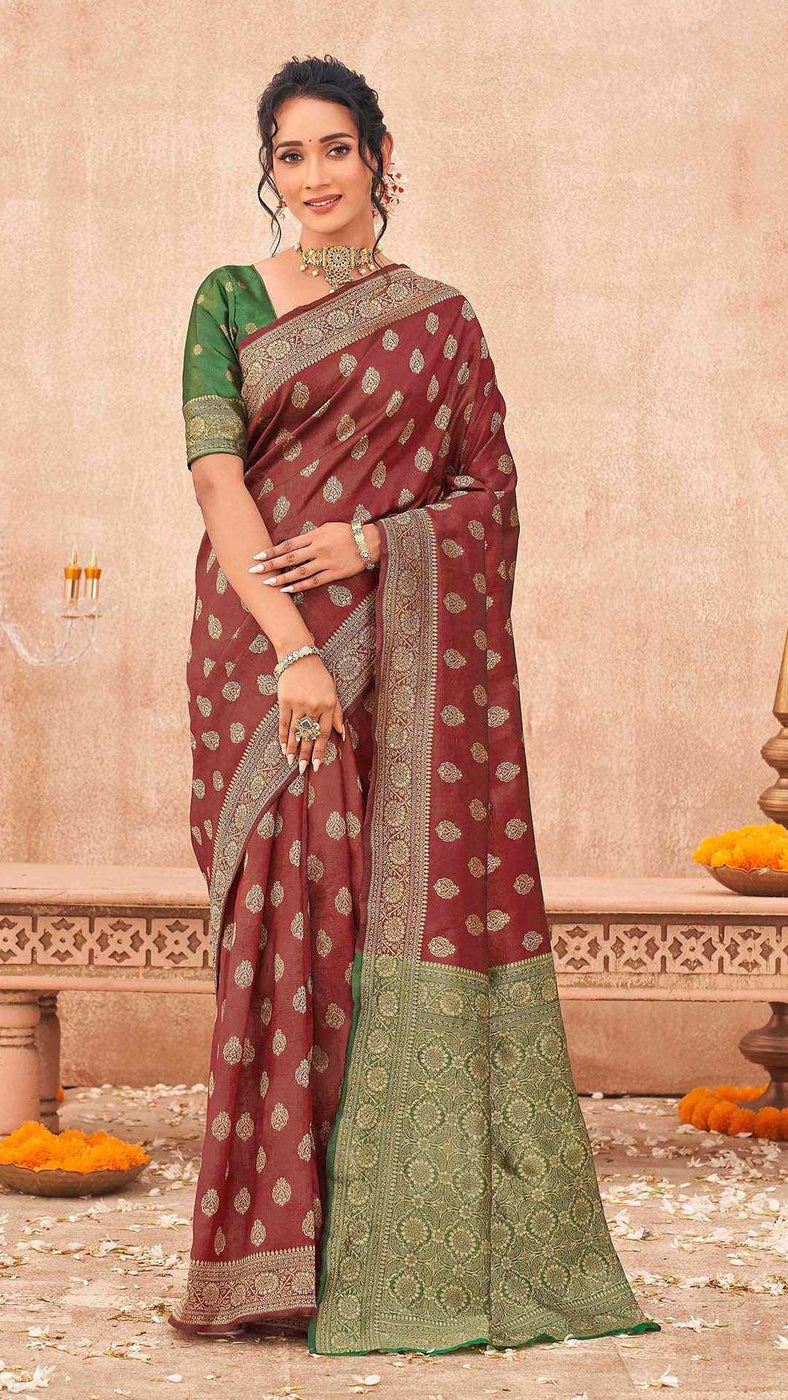 Women’s Maroon & Contrast Emerald Green Banarasi Soft Silk Saree with Gold Zari Work