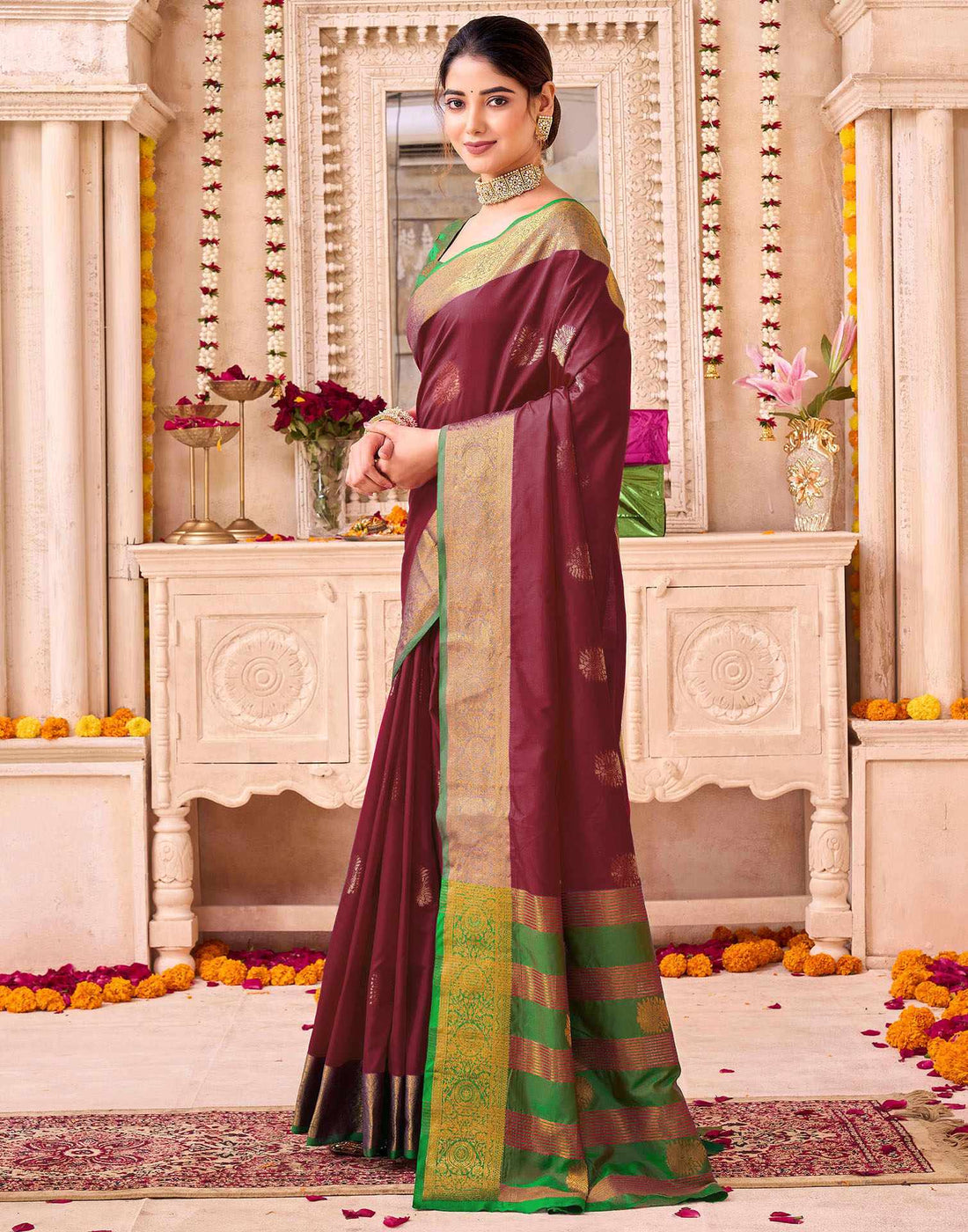 Women’s Maroon & Contrast Emerald Green Banarasi Soft Silk Saree with Gold Zari Work