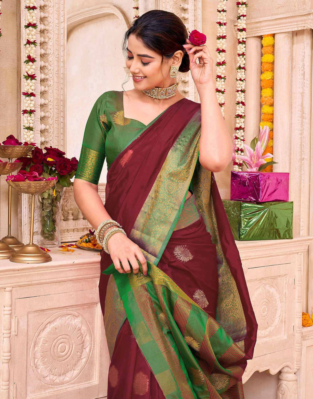 Women’s Maroon & Contrast Emerald Green Banarasi Soft Silk Saree with Gold Zari Work