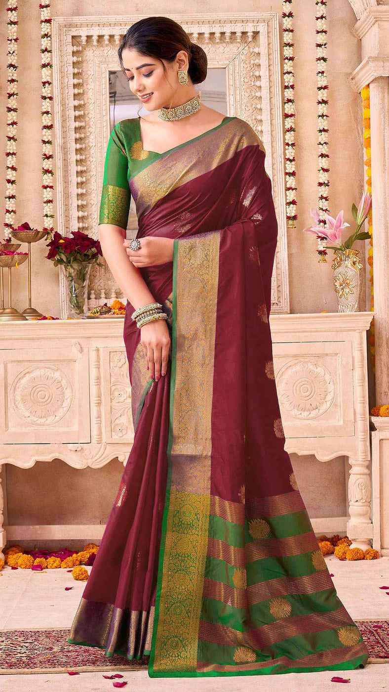 Women’s Maroon & Contrast Emerald Green Banarasi Soft Silk Saree with Gold Zari Work