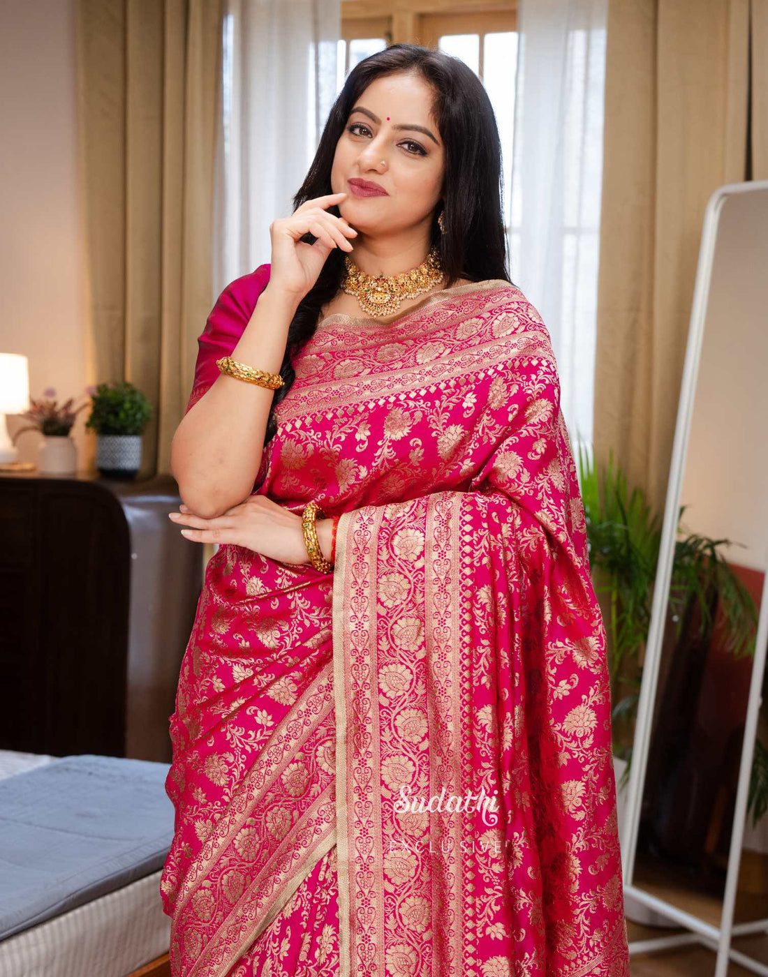 Rani Pink Banarasi Soft Silk Saree with All-Over Gold Zari Floral Jaal & Heavy Brocade Pallu