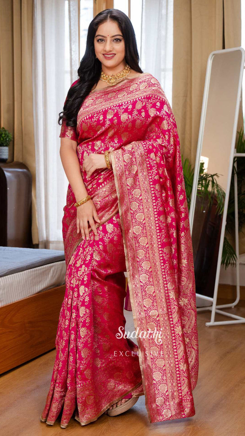 Rani Pink Banarasi Soft Silk Saree with All-Over Gold Zari Floral Jaal & Heavy Brocade Pallu