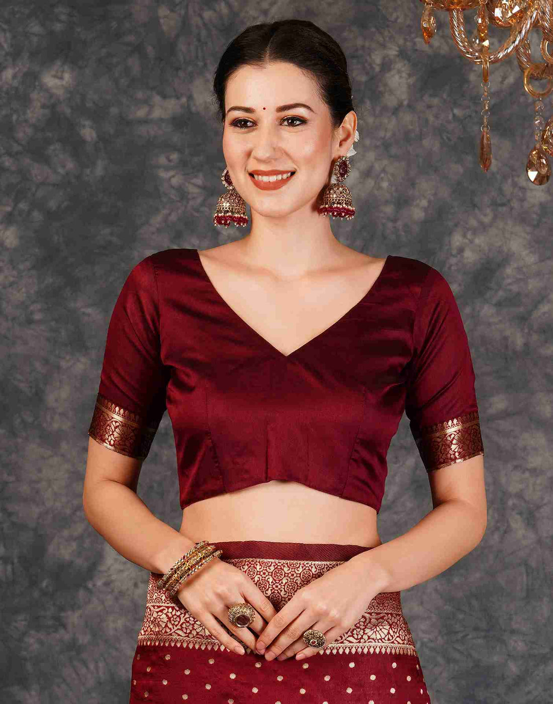 Maroon Banarasi Art Silk Saree with Antique Gold Zari Polka Bootis & Heavy Woven Brocade Border