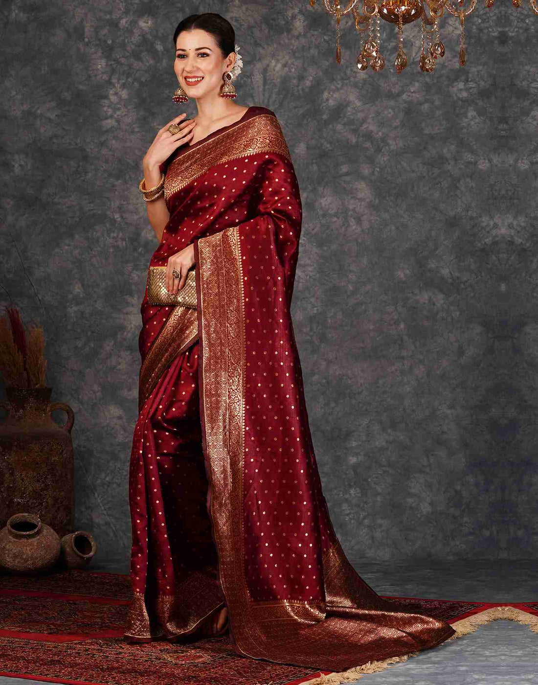 Maroon Banarasi Art Silk Saree with Antique Gold Zari Polka Bootis & Heavy Woven Brocade Border