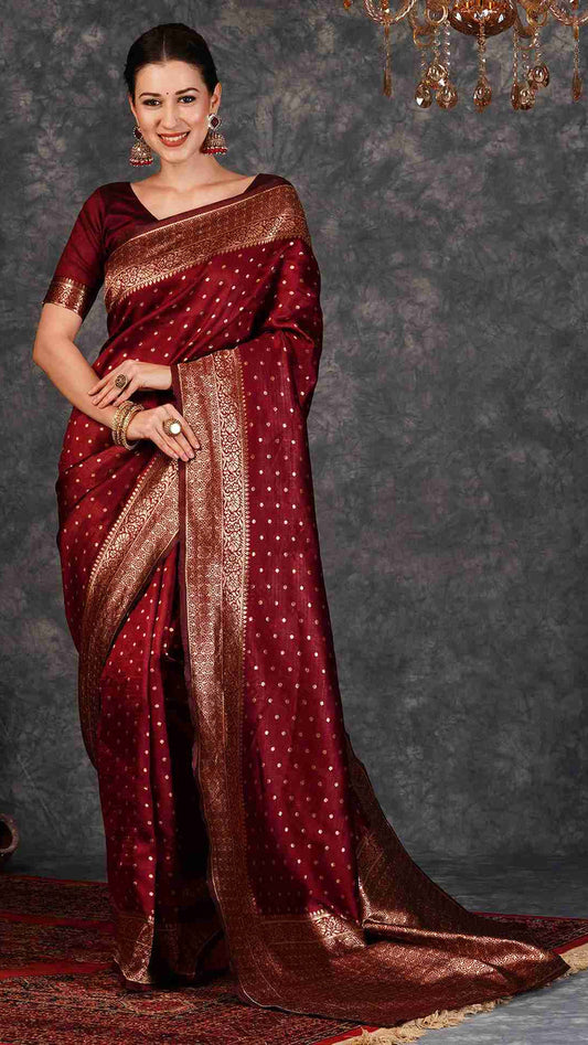 Maroon Banarasi Art Silk Saree with Antique Gold Zari Polka Bootis & Heavy Woven Brocade Border