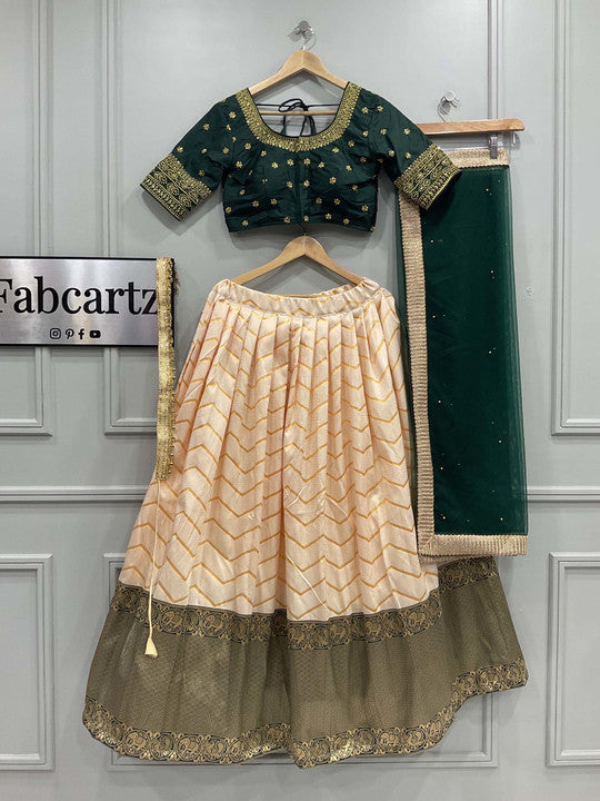 Cream & Bottle Green Chevron Print Silk Lehenga Choli with Embroidered Blouse & Net Dupatta