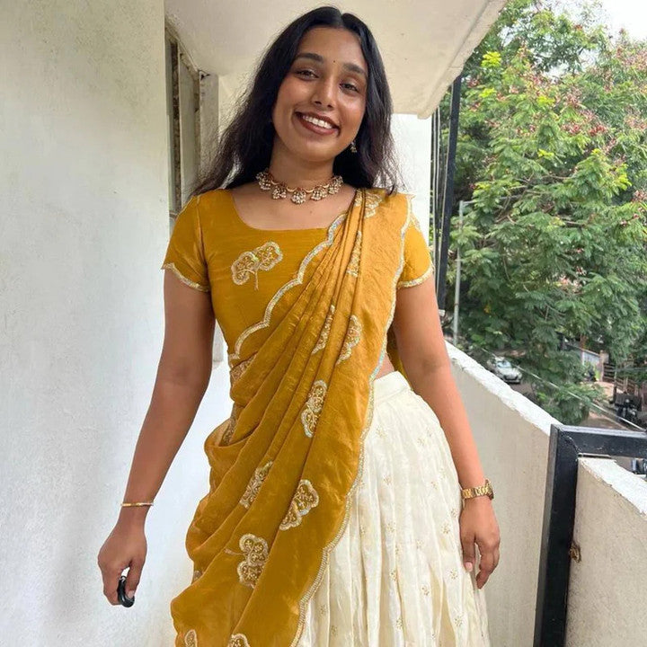 Mustard Yellow & Off-White Half Saree / Lehenga Set with Scalloped Embroidered Dupatta