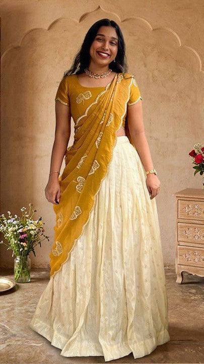 Mustard Yellow & Off-White Half Saree / Lehenga Set with Scalloped Embroidered Dupatta