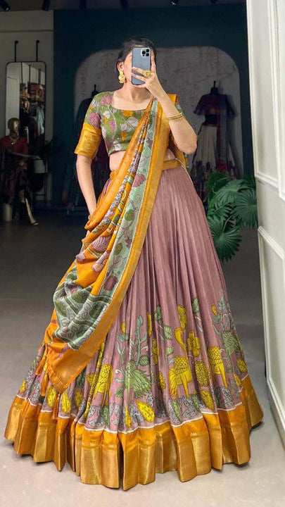 Dusty Mauve Pink & Mustard Yellow Kalamkari Silk Lehenga Set with Zari Kanchi Border
