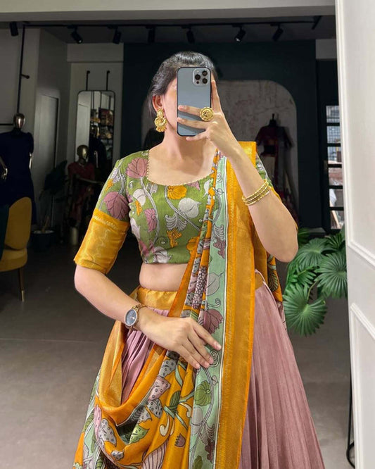 Dusty Mauve Pink & Mustard Yellow Kalamkari Silk Lehenga Set with Zari Kanchi Border