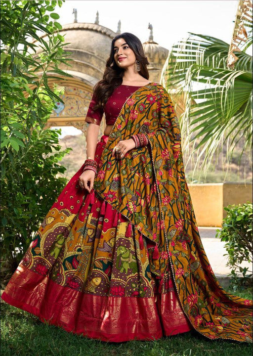 Mustard Yellow & Maroon Kalamkari Silk Lehenga Choli with Embroidered Blouse & Heavy Dupatta