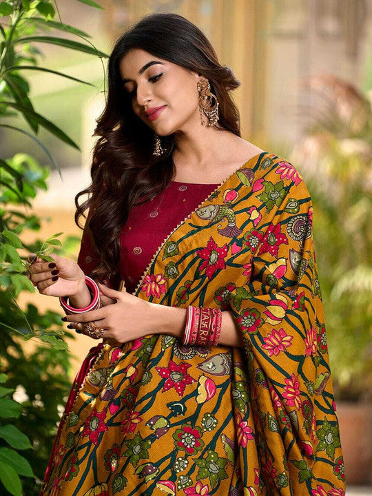 Mustard Yellow & Maroon Kalamkari Silk Lehenga Choli with Embroidered Blouse & Heavy Dupatta
