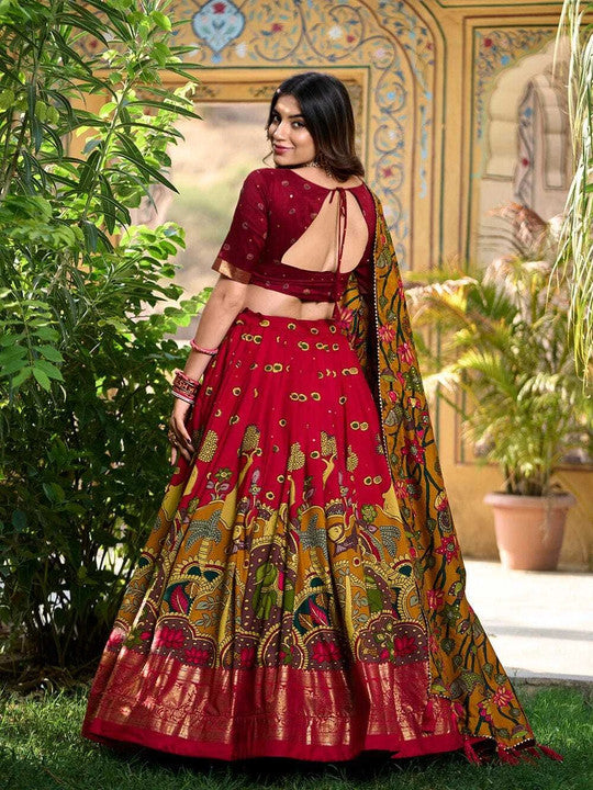 Mustard Yellow & Maroon Kalamkari Silk Lehenga Choli with Embroidered Blouse & Heavy Dupatta