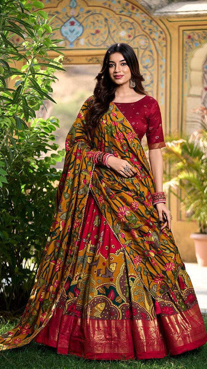 Mustard Yellow & Maroon Kalamkari Silk Lehenga Choli with Embroidered Blouse & Heavy Dupatta