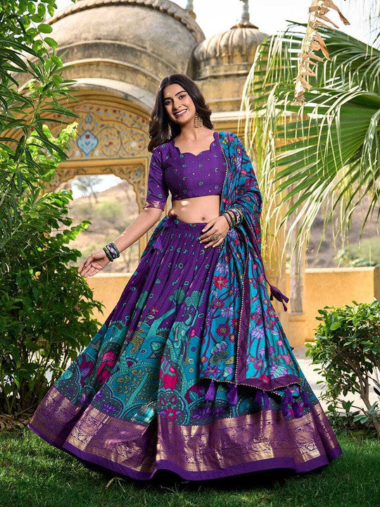 Purple & Peacock Blue Kalamkari Silk Lehenga Choli with Embroidered Blouse & Heavy Dupatta