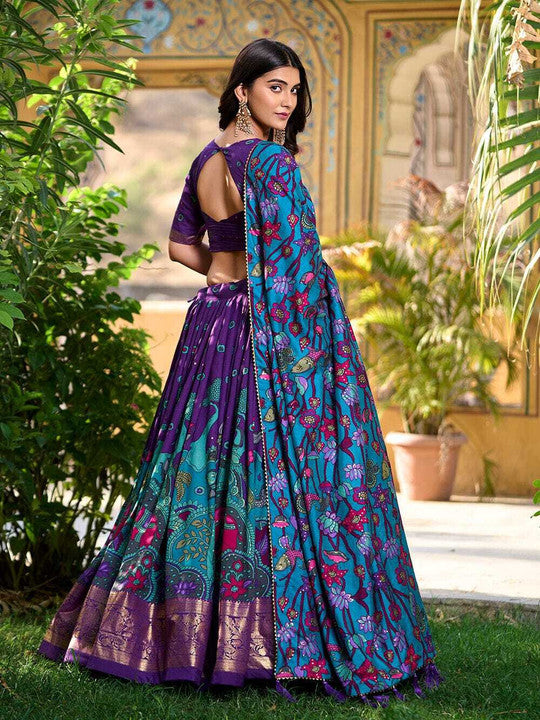 Purple & Peacock Blue Kalamkari Silk Lehenga Choli with Embroidered Blouse & Heavy Dupatta