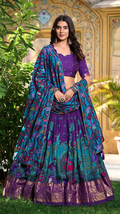 Purple & Peacock Blue Kalamkari Silk Lehenga Choli with Embroidered Blouse & Heavy Dupatta