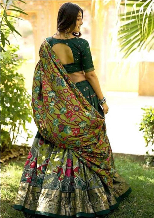 Bottle Green & Olive Green Kalamkari Silk Lehenga Choli with Embroidered Blouse & Heavy Dupatta