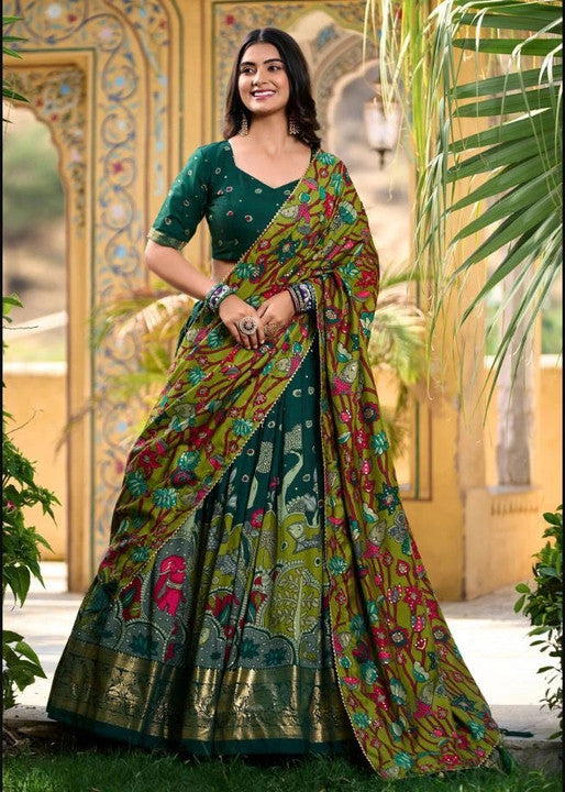 Bottle Green & Olive Green Kalamkari Silk Lehenga Choli with Embroidered Blouse & Heavy Dupatta
