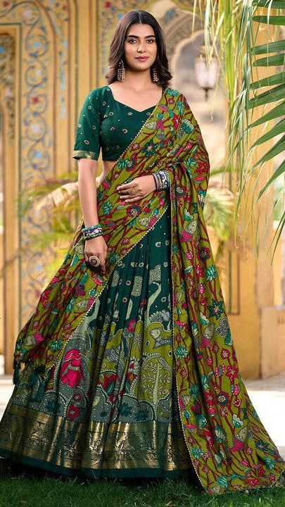Bottle Green & Olive Green Kalamkari Silk Lehenga Choli with Embroidered Blouse & Heavy Dupatta