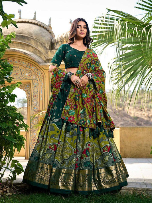 Bottle Green & Olive Green Kalamkari Silk Lehenga Choli with Embroidered Blouse & Heavy Dupatta