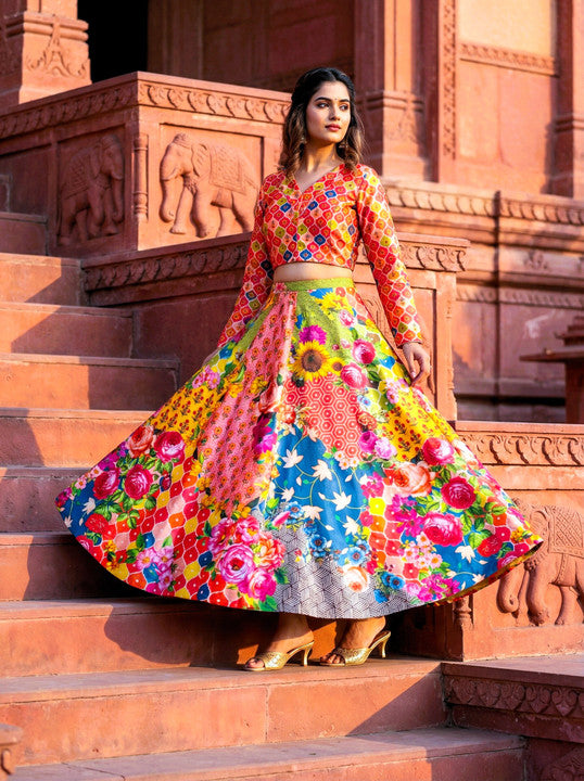 Multicolor Patchwork Digital Floral Print Silk Lehenga Choli Set with Full Sleeves