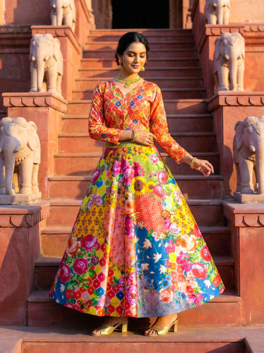 Multicolor Patchwork Digital Floral Print Silk Lehenga Choli Set with Full Sleeves